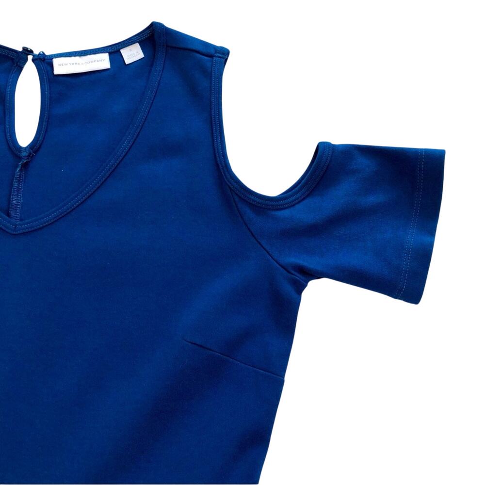 New York & Company Cobalt Blue Cold Shoulder Dress Flattering Fit & Flare Design - Picture 5 of 16